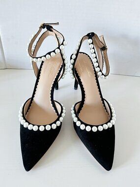 NWOB Antonio Melani x Nicola Bathie Bebe Suede Ankle Strap Pearl Pumps Size 8.5